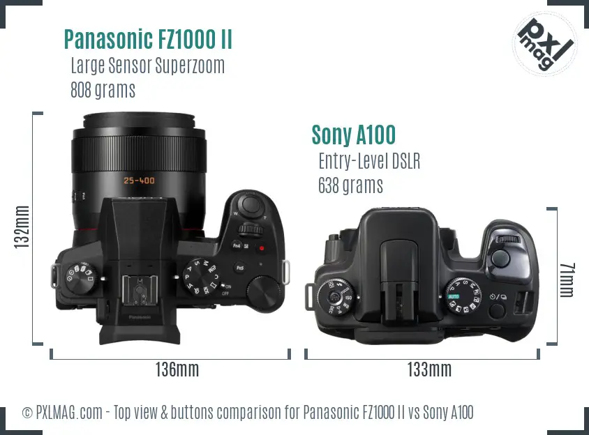 Panasonic FZ1000 II vs Sony A100 top view buttons comparison