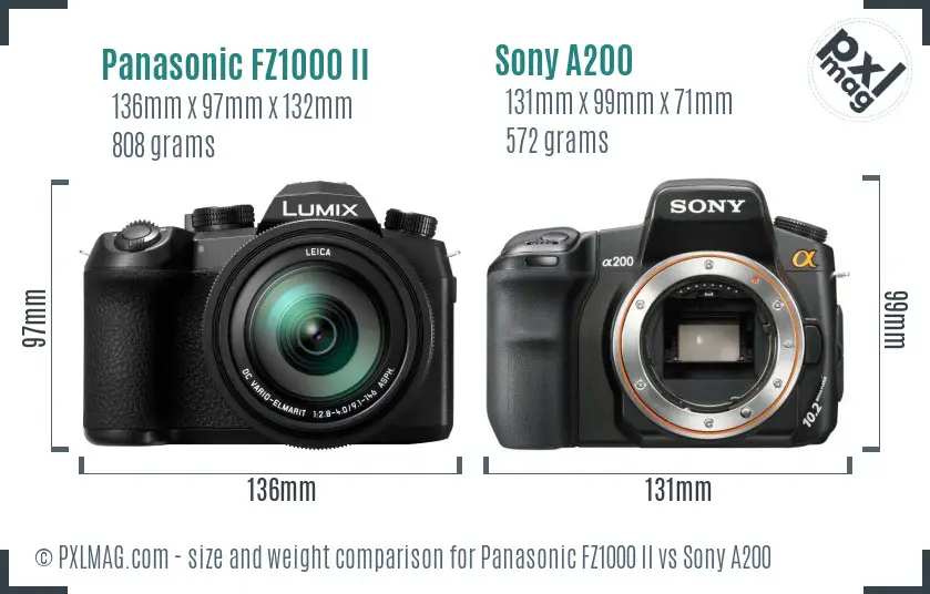 Panasonic FZ1000 II vs Sony A200 size comparison