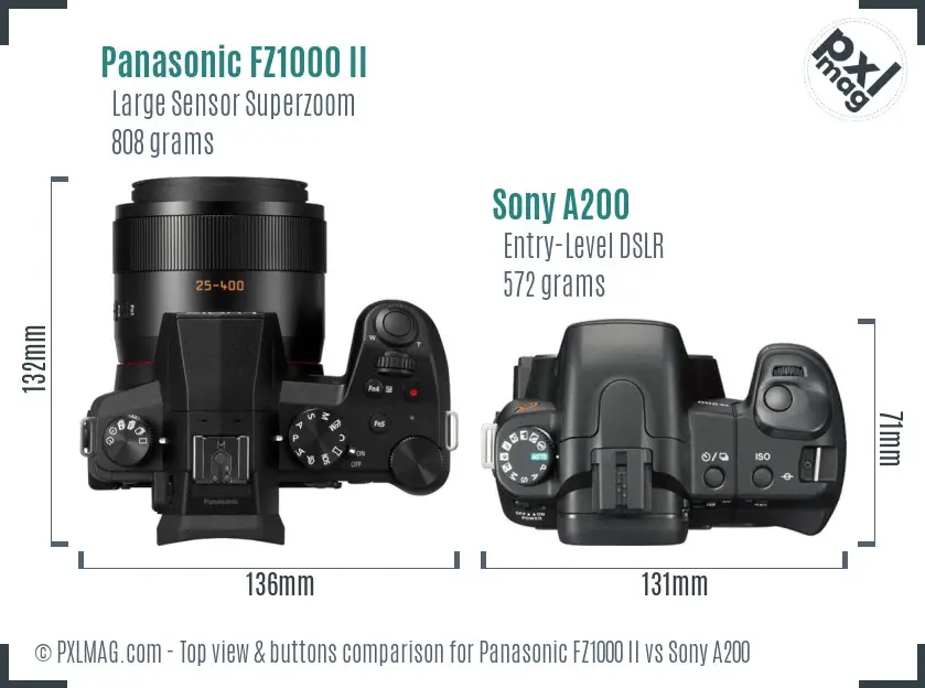 Panasonic FZ1000 II vs Sony A200 top view buttons comparison