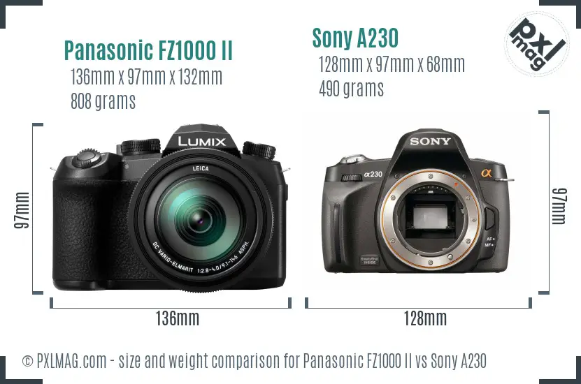 Panasonic FZ1000 II vs Sony A230 size comparison
