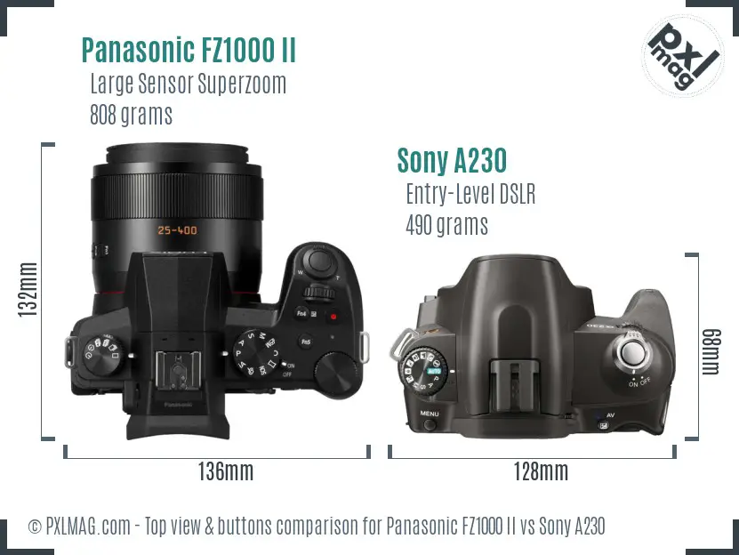 Panasonic FZ1000 II vs Sony A230 top view buttons comparison