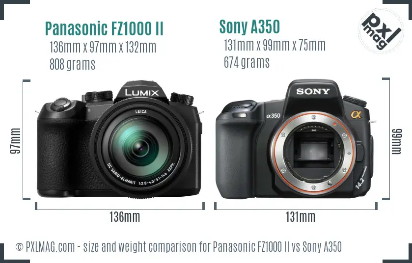 Panasonic FZ1000 II vs Sony A350 size comparison