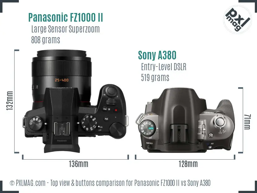 Panasonic FZ1000 II vs Sony A380 top view buttons comparison