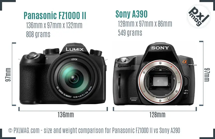 Panasonic FZ1000 II vs Sony A390 size comparison