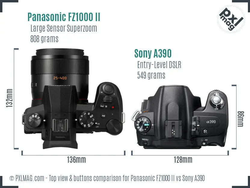Panasonic FZ1000 II vs Sony A390 top view buttons comparison