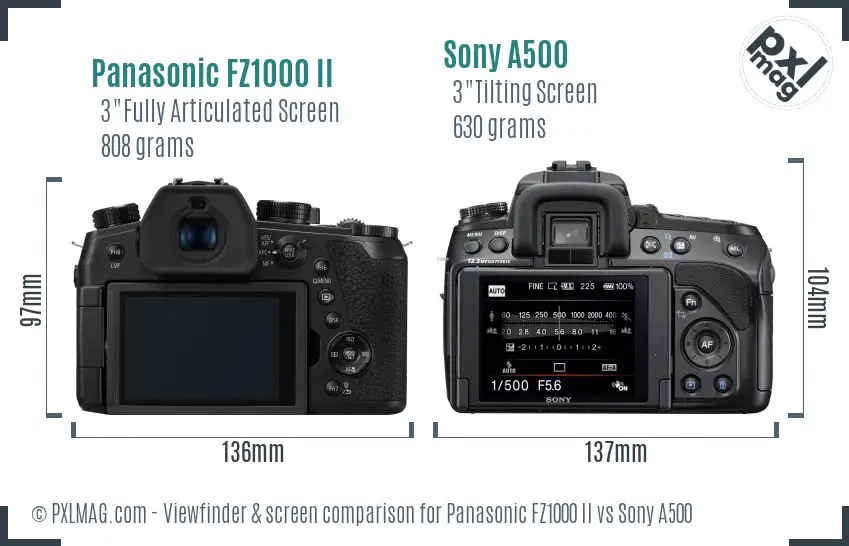 Panasonic FZ1000 II vs Sony A500 Screen and Viewfinder comparison