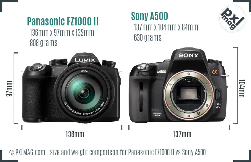 Panasonic FZ1000 II vs Sony A500 size comparison