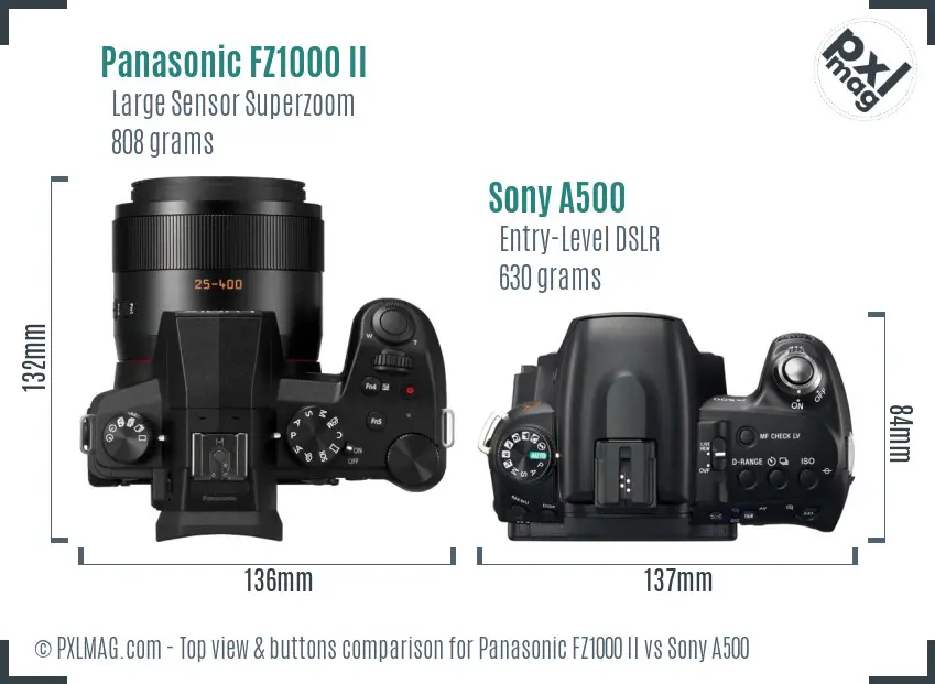 Panasonic FZ1000 II vs Sony A500 top view buttons comparison