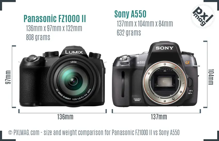 Panasonic FZ1000 II vs Sony A550 size comparison