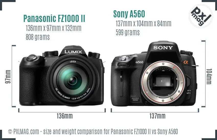 Panasonic FZ1000 II vs Sony A560 size comparison