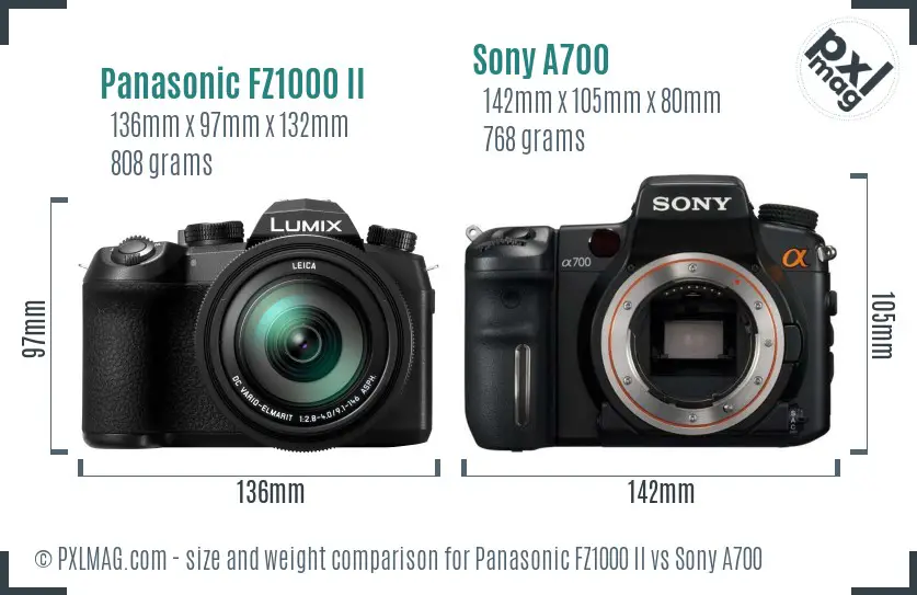 Panasonic FZ1000 II vs Sony A700 size comparison