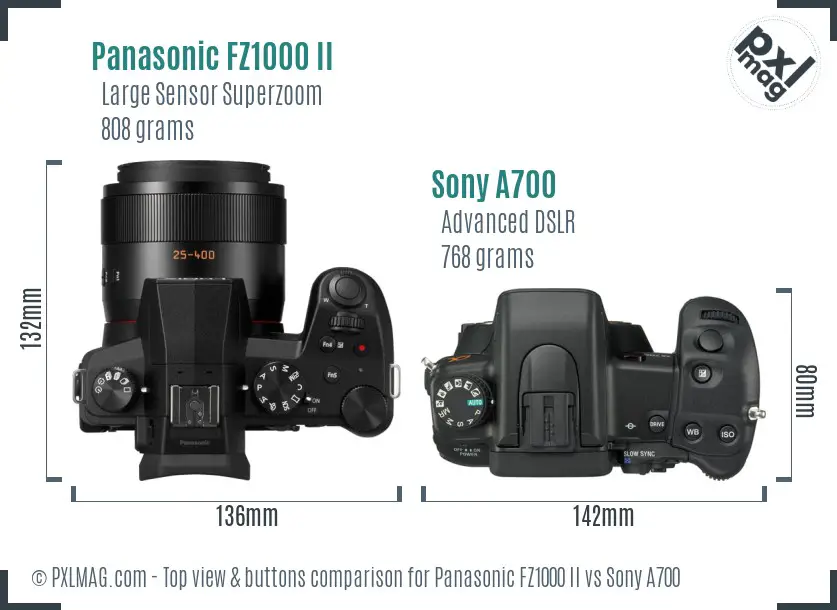 Panasonic FZ1000 II vs Sony A700 top view buttons comparison