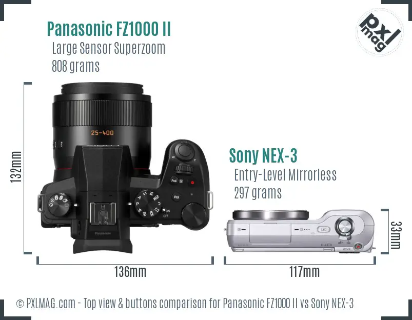 Panasonic FZ1000 II vs Sony NEX-3 top view buttons comparison