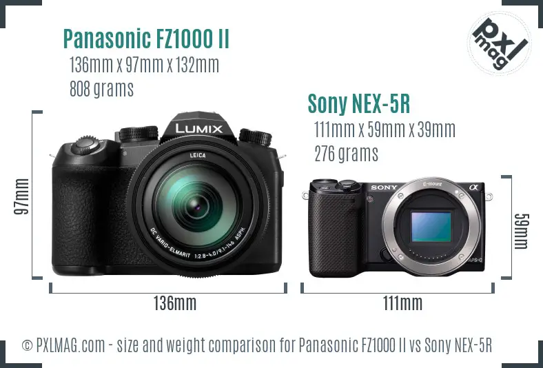 Panasonic FZ1000 II vs Sony NEX-5R size comparison
