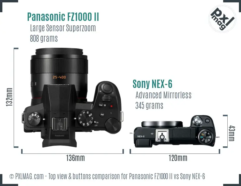 Panasonic FZ1000 II vs Sony NEX-6 top view buttons comparison