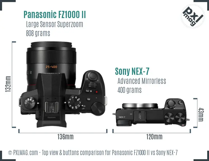 Panasonic FZ1000 II vs Sony NEX-7 top view buttons comparison