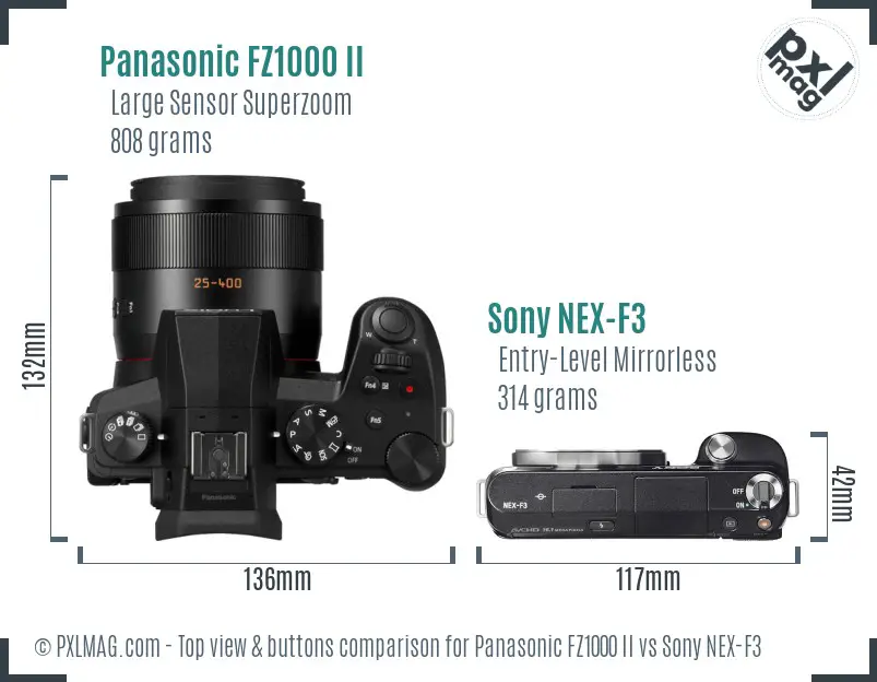 Panasonic FZ1000 II vs Sony NEX-F3 top view buttons comparison