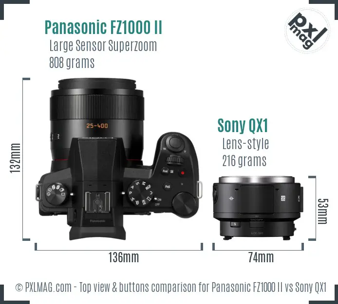 Panasonic FZ1000 II vs Sony QX1 top view buttons comparison