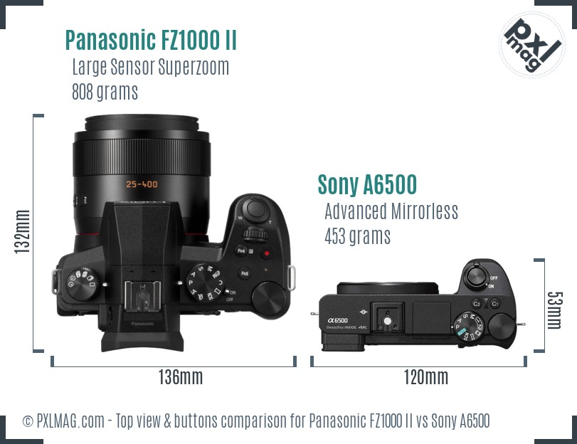 Panasonic FZ1000 II vs Sony A6500 top view buttons comparison