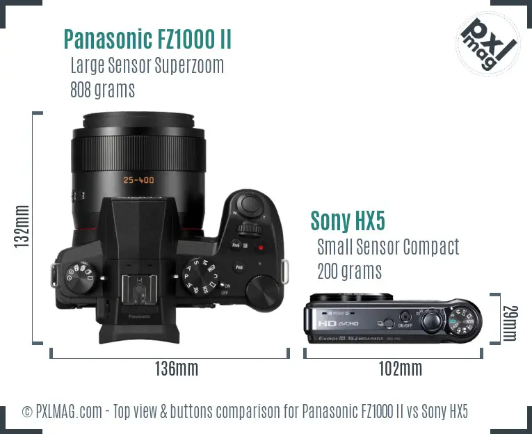 Panasonic FZ1000 II vs Sony HX5 top view buttons comparison