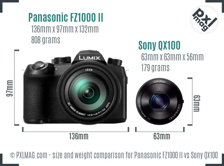 Panasonic FZ1000 II vs Sony QX100 size comparison