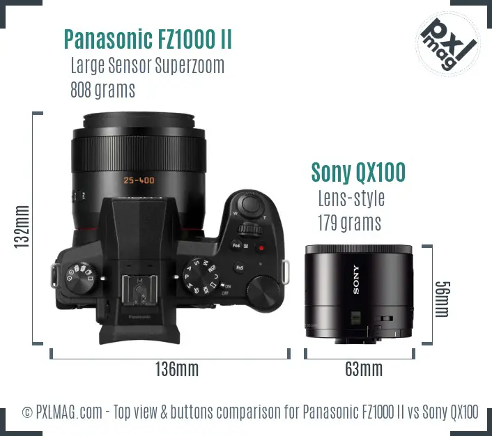 Panasonic FZ1000 II vs Sony QX100 top view buttons comparison