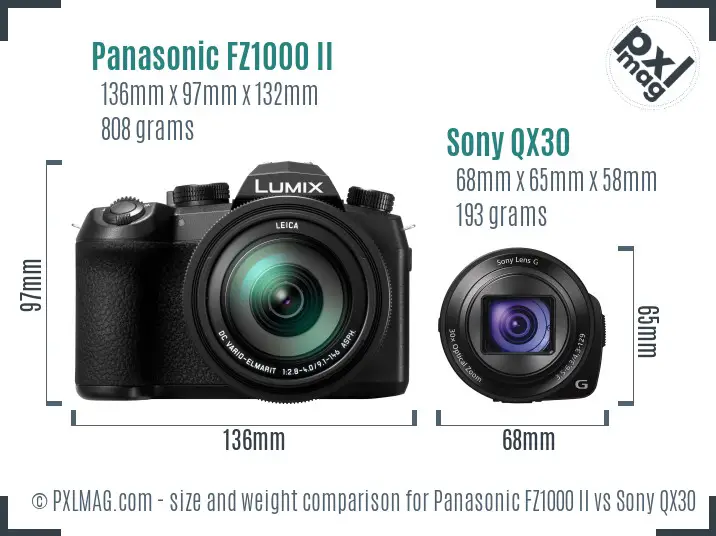 Panasonic FZ1000 II vs Sony QX30 size comparison