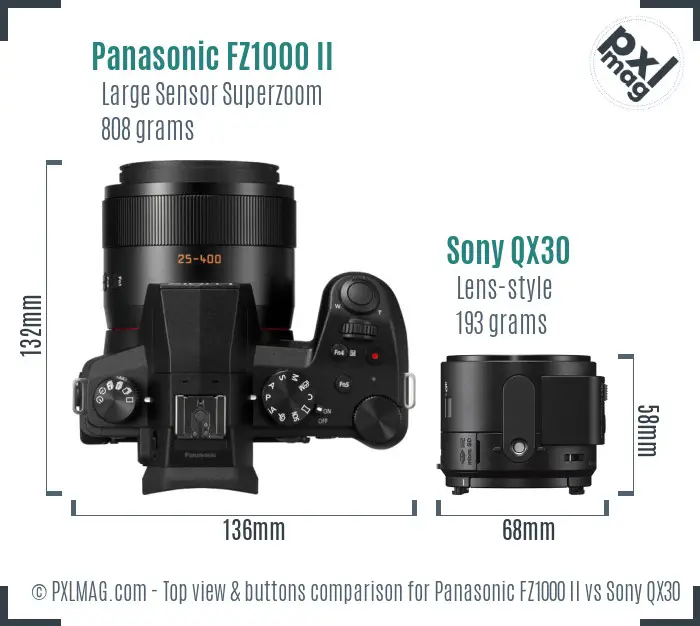 Panasonic FZ1000 II vs Sony QX30 top view buttons comparison
