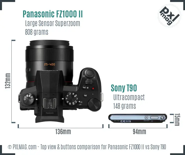 Panasonic FZ1000 II vs Sony T90 top view buttons comparison