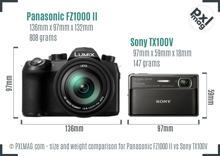Panasonic FZ1000 II vs Sony TX100V size comparison Panasonic FZ1000 II vs Sony TX100V size comparison