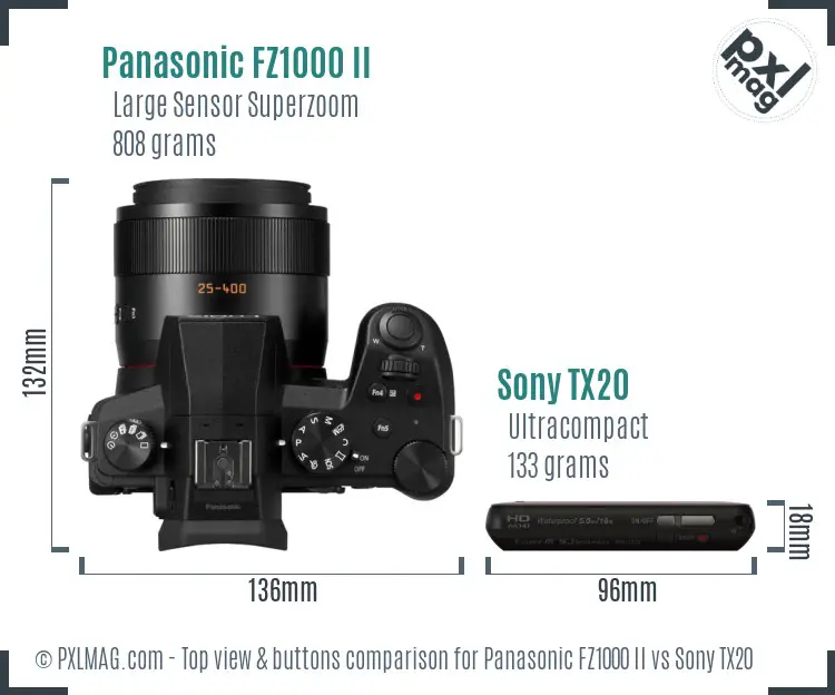 Panasonic FZ1000 II vs Sony TX20 top view buttons comparison