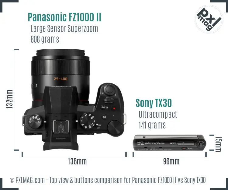 Panasonic FZ1000 II vs Sony TX30 top view buttons comparison Panasonic FZ1000 II vs Sony TX30 top view buttons comparison