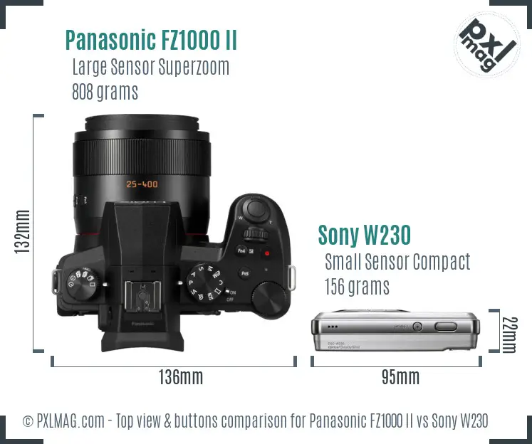 Panasonic FZ1000 II vs Sony W230 top view buttons comparison Panasonic FZ1000 II vs Sony W230 top view buttons comparison