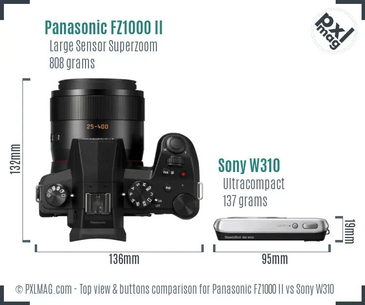 Panasonic FZ1000 II vs Sony W310 top view buttons comparison