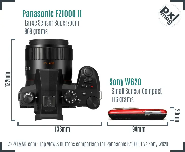 Panasonic FZ1000 II vs Sony W620 top view buttons comparison