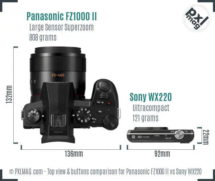 Panasonic FZ1000 II vs Sony WX220 top view buttons comparison