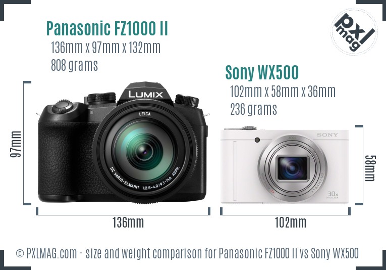 Panasonic FZ1000 II vs Sony WX500 size comparison