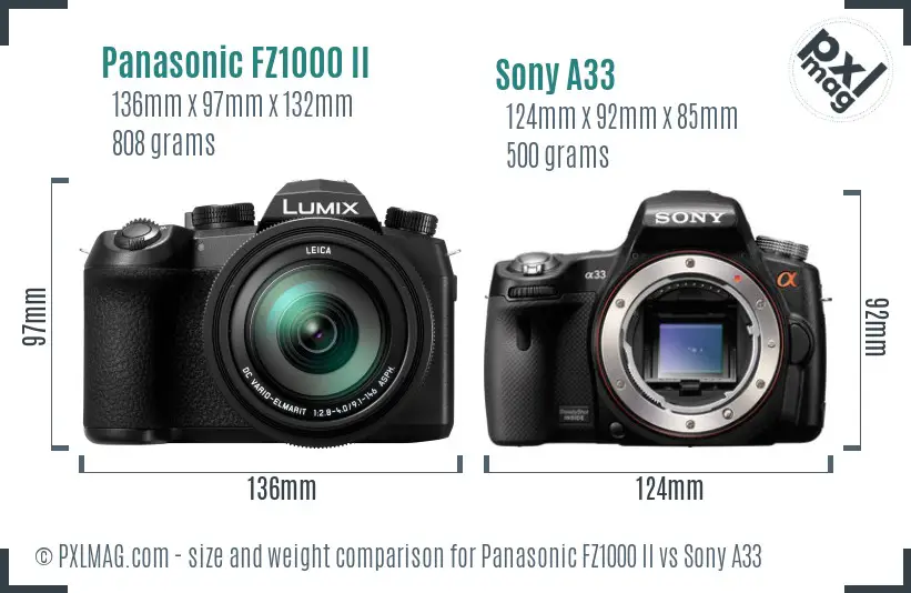 Panasonic FZ1000 II vs Sony A33 size comparison