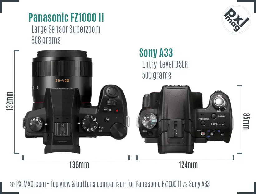 Panasonic FZ1000 II vs Sony A33 top view buttons comparison