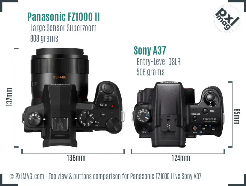 Panasonic FZ1000 II vs Sony A37 top view buttons comparison Panasonic FZ1000 II vs Sony A37 top view buttons comparison