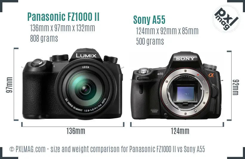 Panasonic FZ1000 II vs Sony A55 size comparison