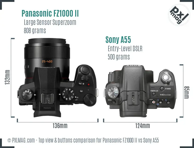 Panasonic FZ1000 II vs Sony A55 top view buttons comparison