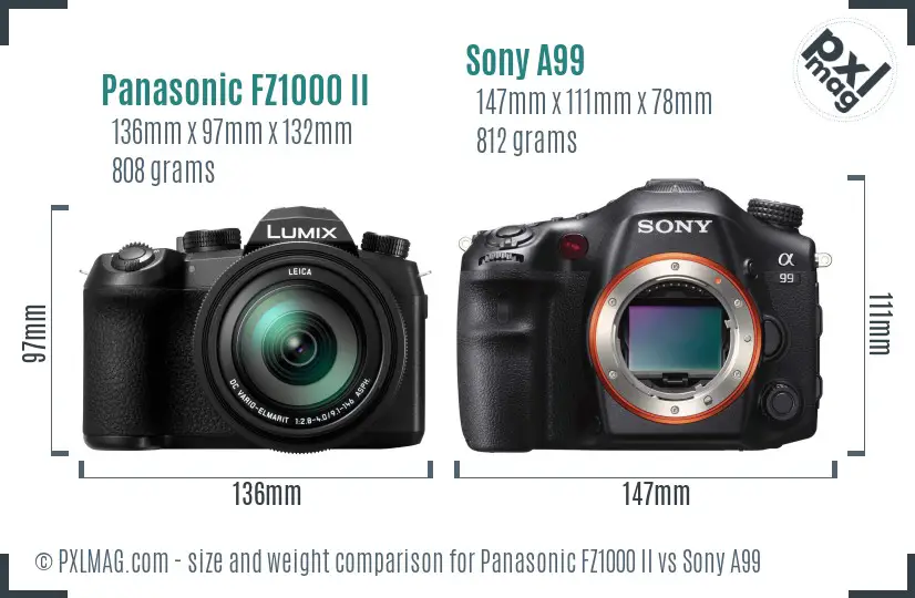 Panasonic FZ1000 II vs Sony A99 size comparison