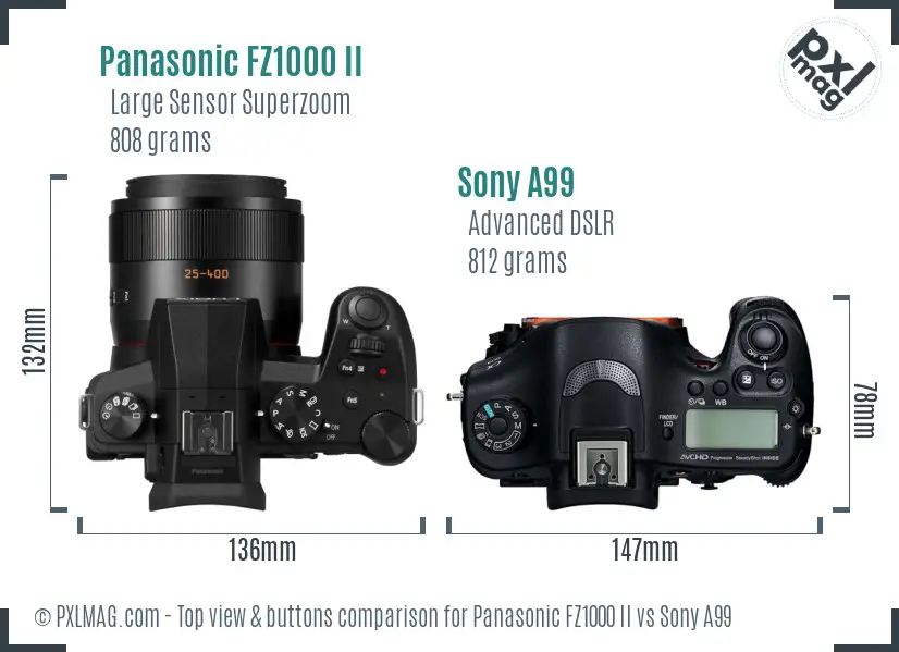 Panasonic FZ1000 II vs Sony A99 top view buttons comparison