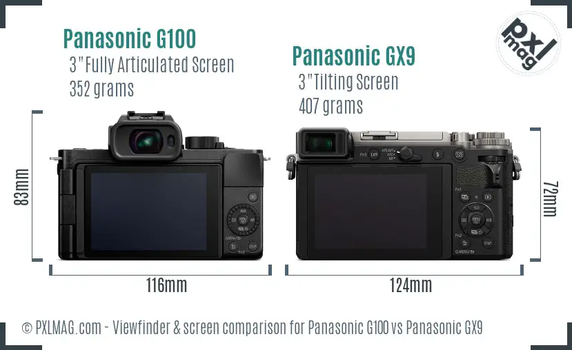 Panasonic G100 vs Panasonic GX9 Screen and Viewfinder comparison