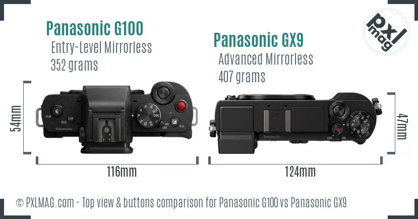 Panasonic G100 vs Panasonic GX9 top view buttons comparison