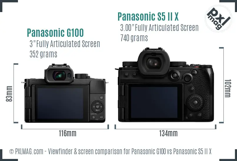 Panasonic G100 vs Panasonic S5 II X Screen and Viewfinder comparison