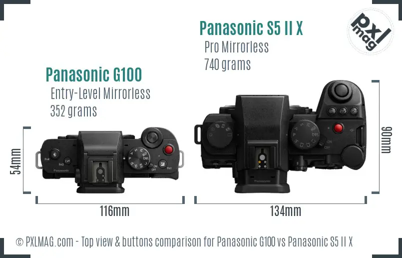 Panasonic G100 vs Panasonic S5 II X top view buttons comparison