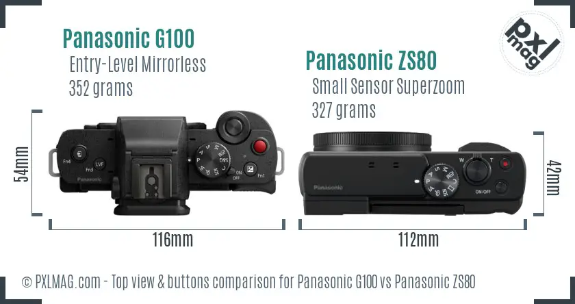 Panasonic G100 vs Panasonic ZS80 top view buttons comparison