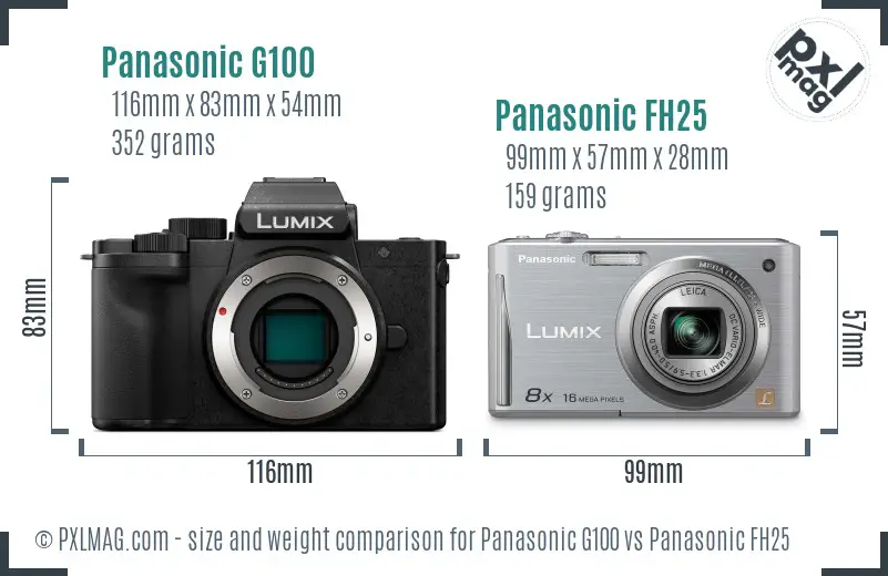 Panasonic G100 vs Panasonic FH25 size comparison
